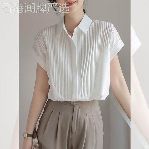 宽松显瘦气质白色短袖衬衫女夏季新款法式Polo领上衣休闲漂亮小衫