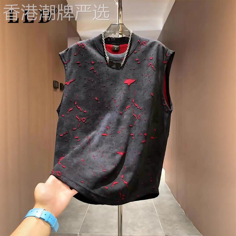 高端破洞无袖背心男士夏季2026新款潮牌修身印花休闲运动坎肩T恤