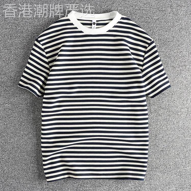 代购潮男夏季美式复古水洗休闲半袖条纹针织面料男士圆领短袖T恤