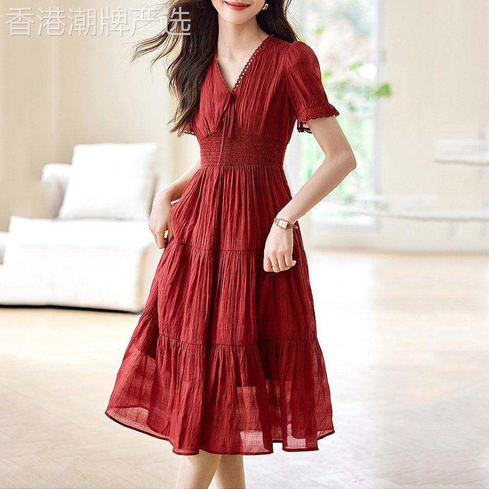 中国红法式优雅连衣裙女夏季2025新款气质泡泡袖森系中长款A字裙