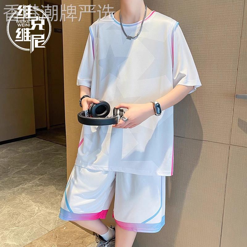 冰丝速干篮球运动套装男生夏季薄款潮牌痞帅假两件短袖短裤两件套