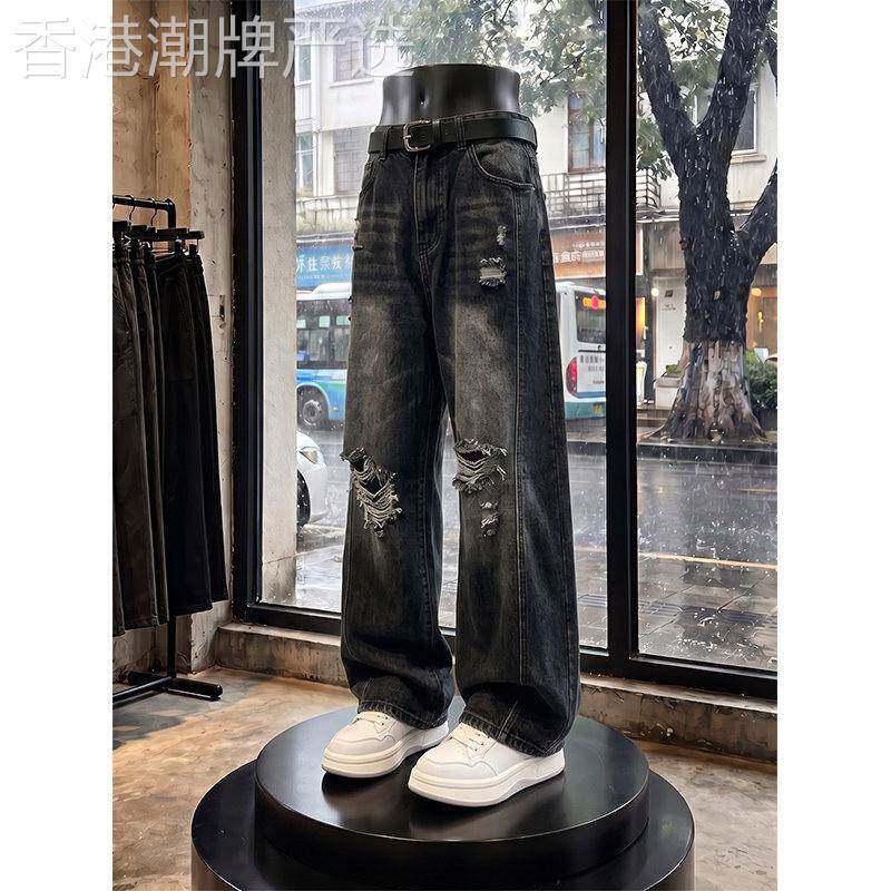 潮牌高级感美式弯刀裤男夏黑色水洗做旧破洞牛仔裤显瘦直筒微喇裤