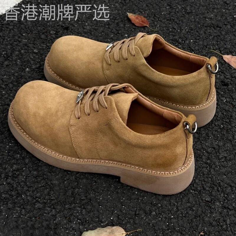 潮牌德比鞋男2026新款透气低帮翻毛皮情侣休闲皮鞋厚底大头工装鞋