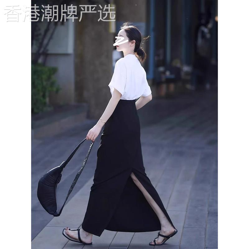 日系赫本风黑色高腰开叉半身裙女夏季高级感a字包臀裙子上衣套装