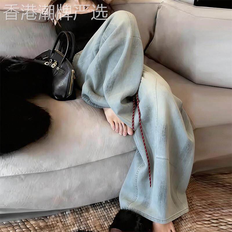 复古蓝色牛仔阔腿裤子女2026夏季新款高级感宽松慵懒松弛休闲长裤