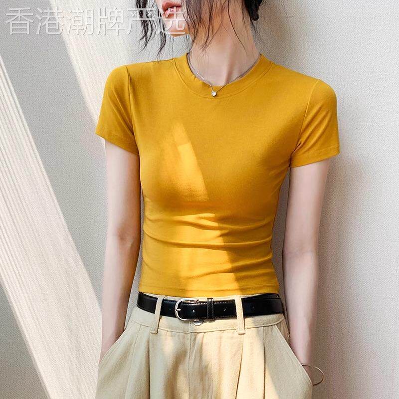 黄色圆领正肩短袖t恤女2025年夏季新款纯色修身时尚显瘦内搭上衣