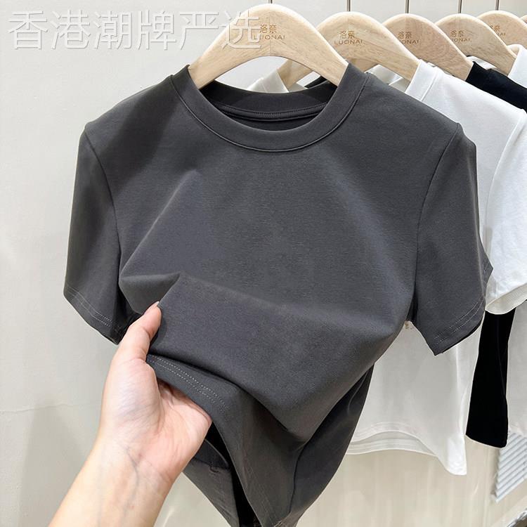 韩国正肩圆领短袖t恤女夏季2026新款洋气修身上衣短款半袖打底衫
