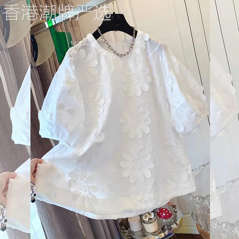 提花短袖衬衫女士夏季2026年新款胖妹妹设计感小众娃娃衫减龄上衣