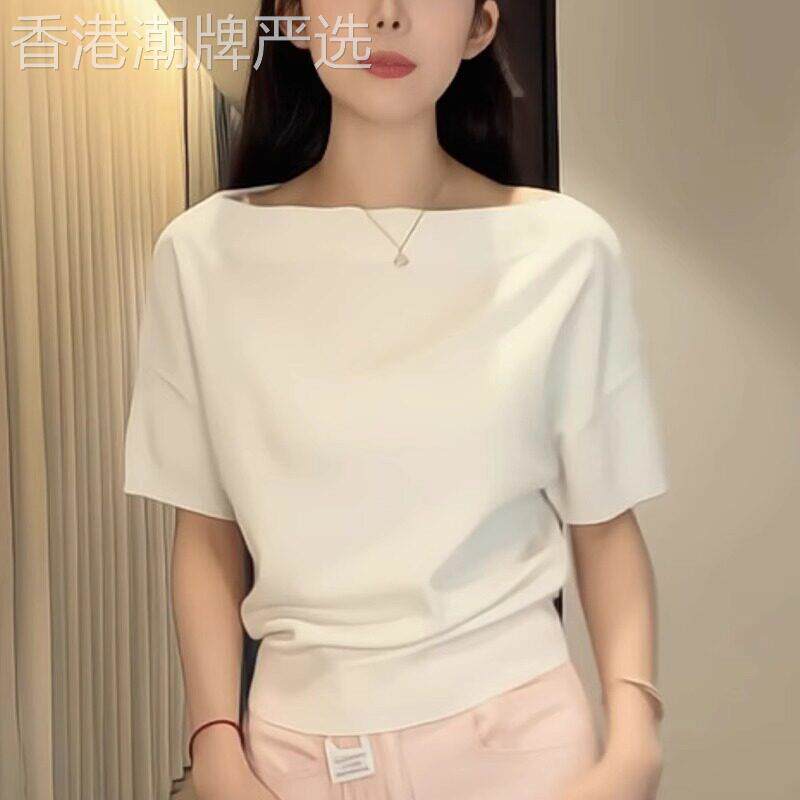 韩系穿搭设计感白色斜肩短袖冰丝针织衫女夏季小个子收腰露肩上衣