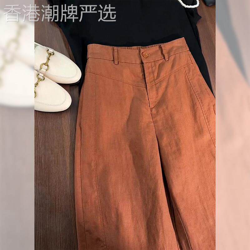 大码欧货轻奢美拉德高腰直筒裤焦糖色松紧腰亚麻棉麻休闲阔腿裤女