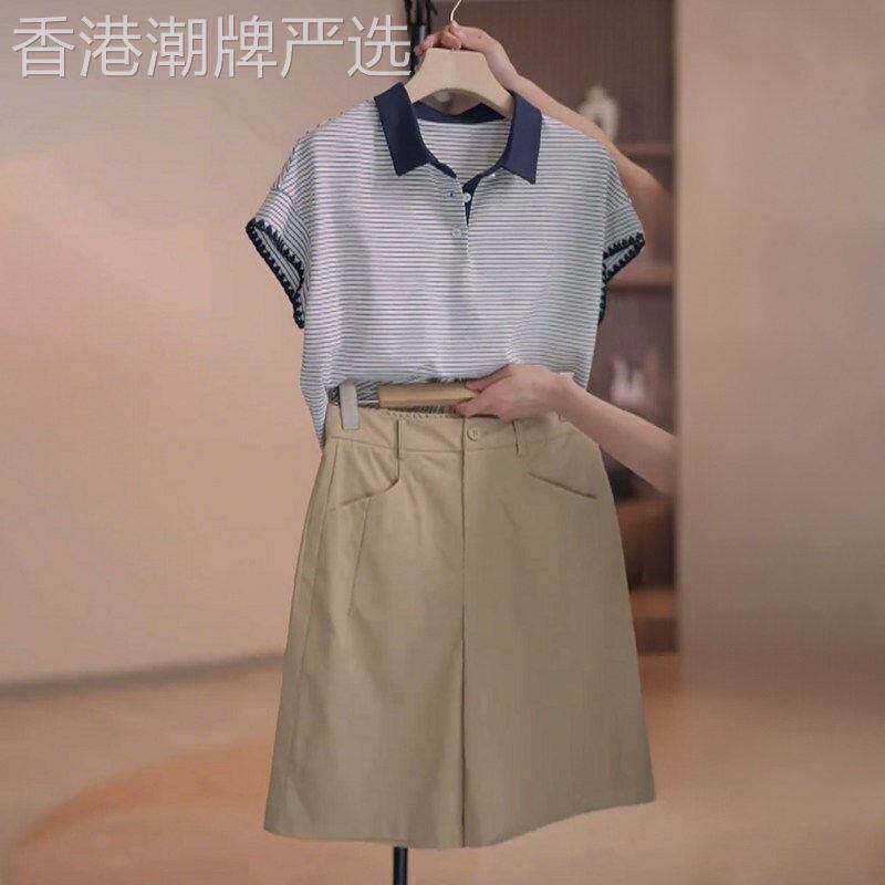 气质减龄休闲套装女夏季条纹翻领短袖t恤显瘦阔腿五分短裤两件套