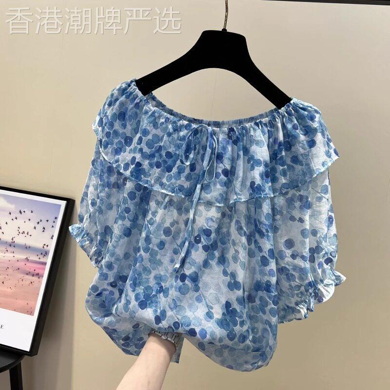 碎花雪纺衫女短袖2026新款韩版宽松显瘦洋派小衫荷叶边一字肩上衣