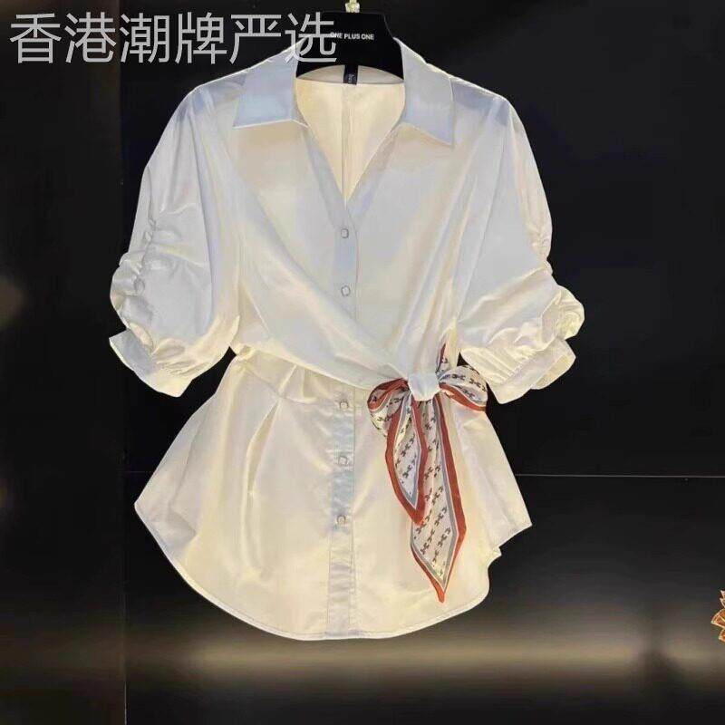 白色衬衫女夏季2025新款气质覆古高级感丝巾收腰韩版显瘦别致上衣