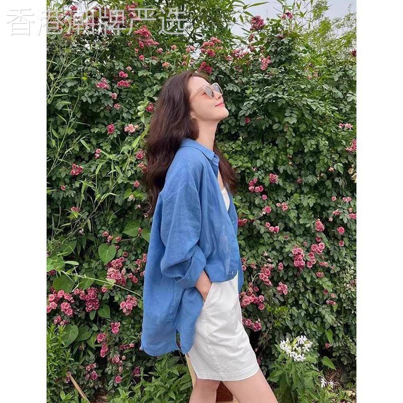 苎麻蓝色防晒长袖衬衫女春夏欧货冰丝外搭罩衫薄款老钱风棉麻衬衣