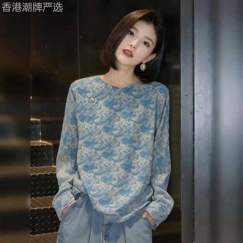 新中式蓝色圆领斜襟衬衫女2026春季新款高级感气质显瘦国风上衣潮