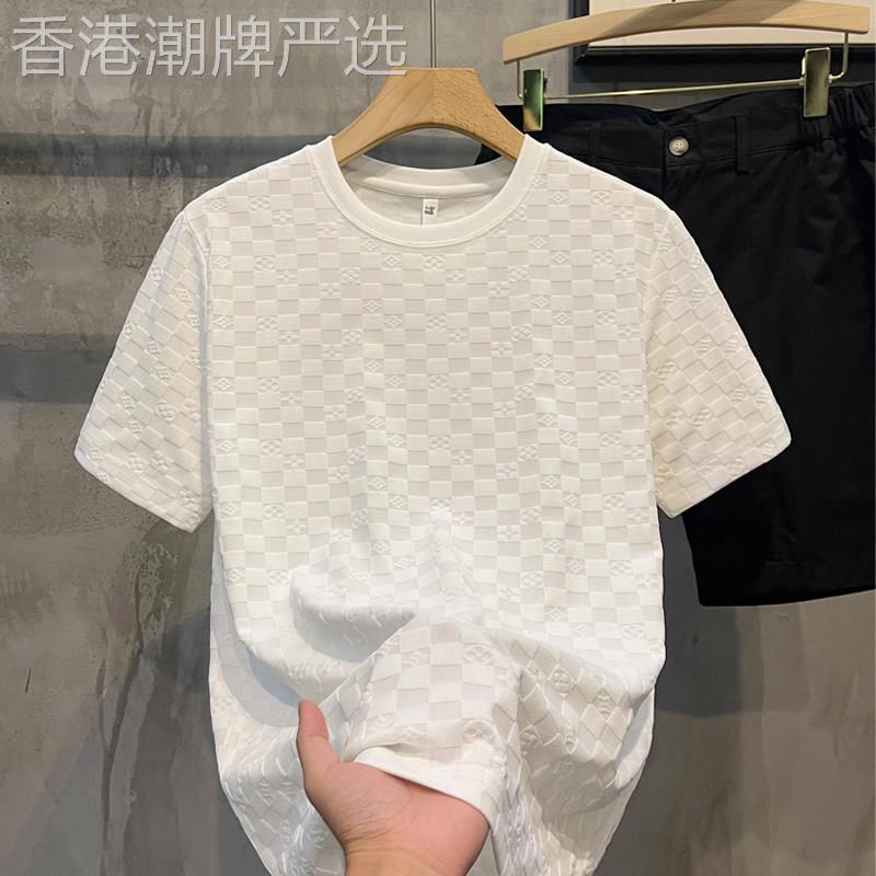 欧洲站~轻奢气质!格子条纹短袖衫男士夏季纯色休闲圆领T恤上衣