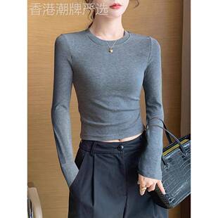 灰色短款针织洋气打底衫女内搭可外穿春秋冬2025新款修身t恤上衣
