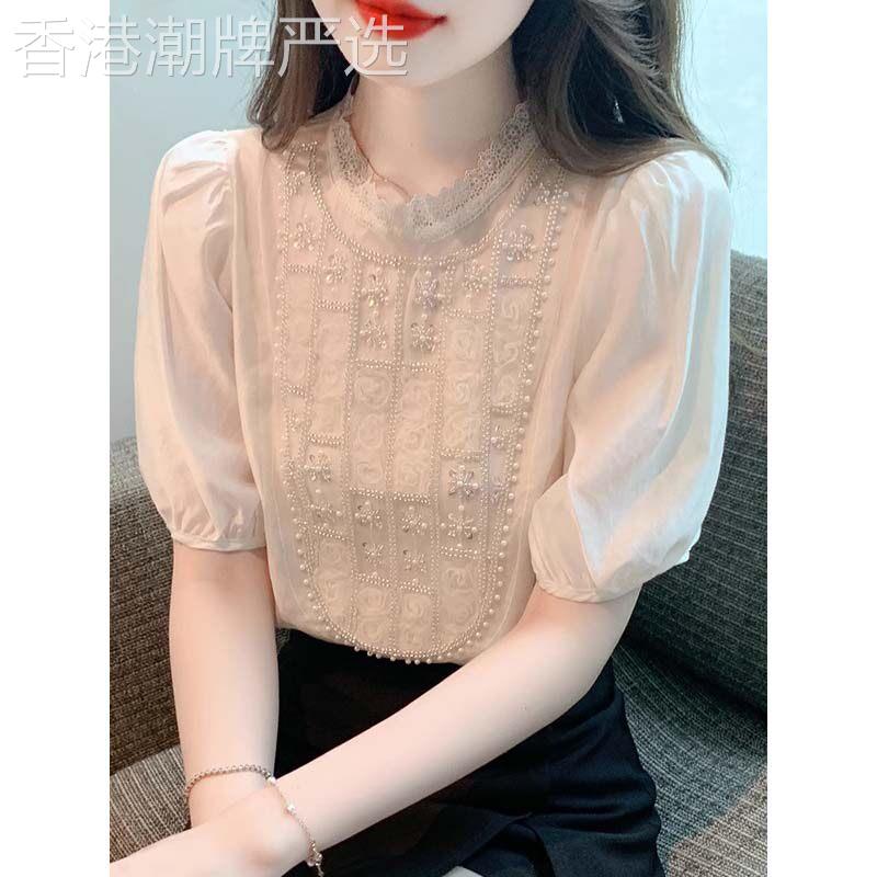 法式重工镶钻短袖雪纺衫女装夏季新款冰感泡泡袖小衫蕾丝花边上衣