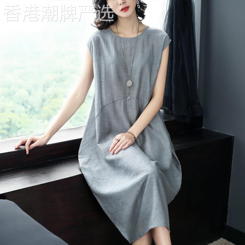 纯色文艺连衣裙女2025夏季新款简约大气宽松遮肚显瘦休闲长款裙子
