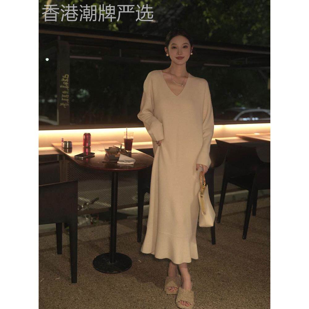欧洲车站大衣基础与针织连衣裙的妇女2025法国风格名人高底长裙