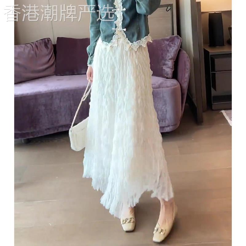 白色褶皱半身裙女2025夏季新款法式百搭高腰显瘦松紧腰气质长裙