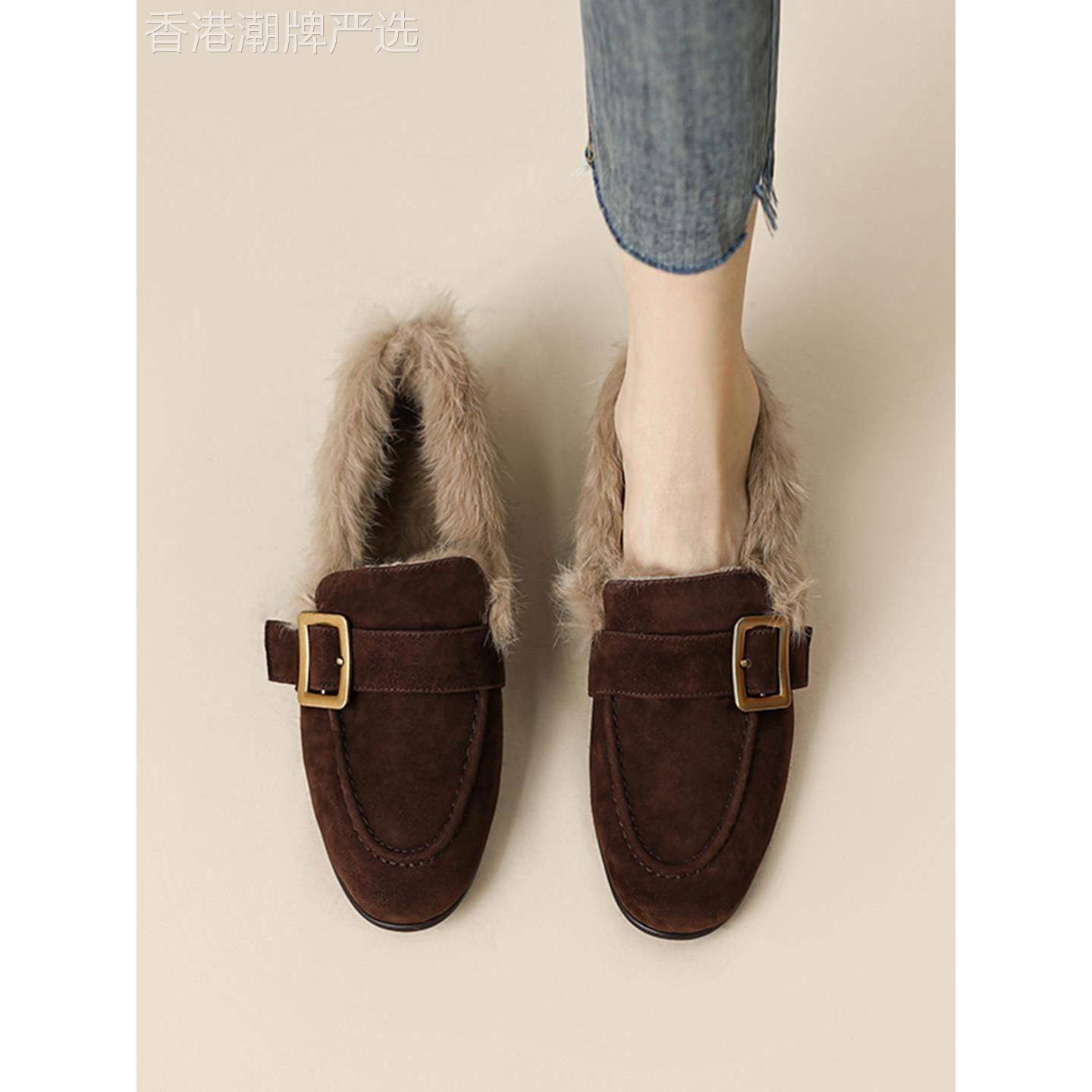 皮带扣加绒乐福鞋女冬软毛毛鞋平底兔毛单鞋百搭绒面新款豆豆鞋