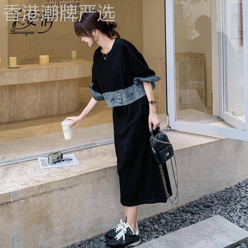 牛仔拼接假两件长袖洋装女春秋季2026新款气质轻熟风休闲厚棉裙