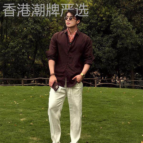 潮牌度假风松弛感穿搭亚麻套装男士成熟稳重老钱风高级质感一整套