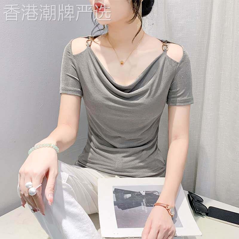 垂折领短袖t恤女夏季2026新款韩版设计感小众修身显瘦镂空露肩上