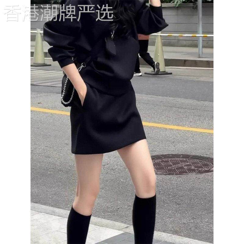 黑色西装短裙女春秋欧货大码高腰显瘦口袋气质极简风a字包臀裙