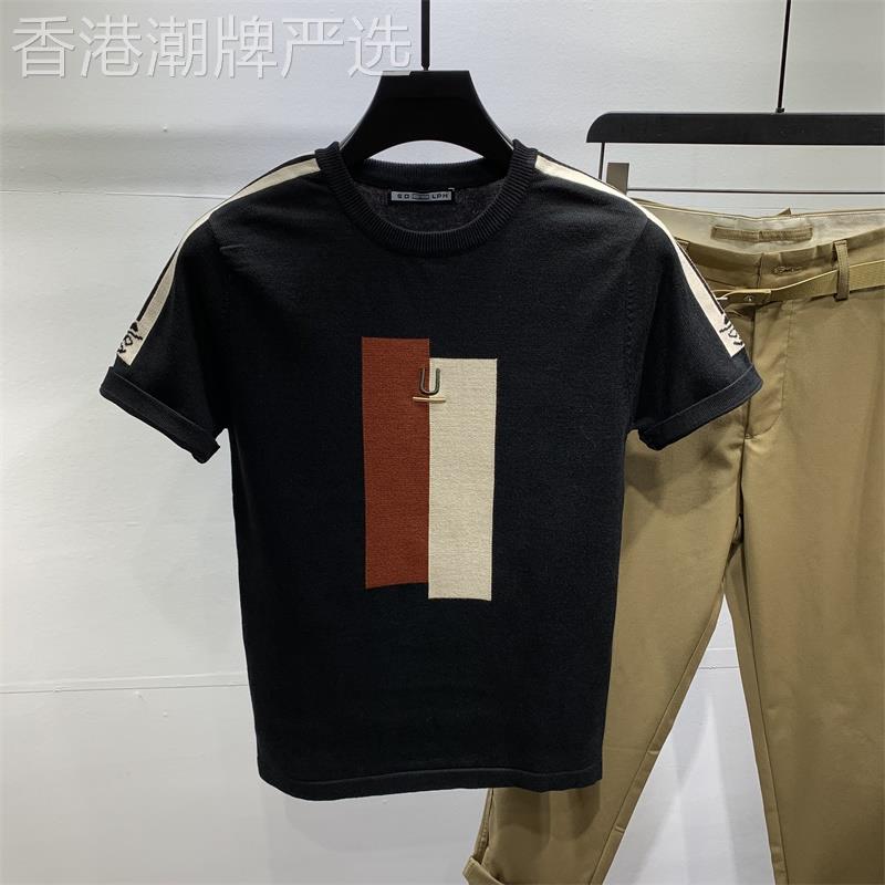 潮牌男士拼色真丝圆领针织衫春夏韩版修身百搭短袖T恤薄款毛衣男