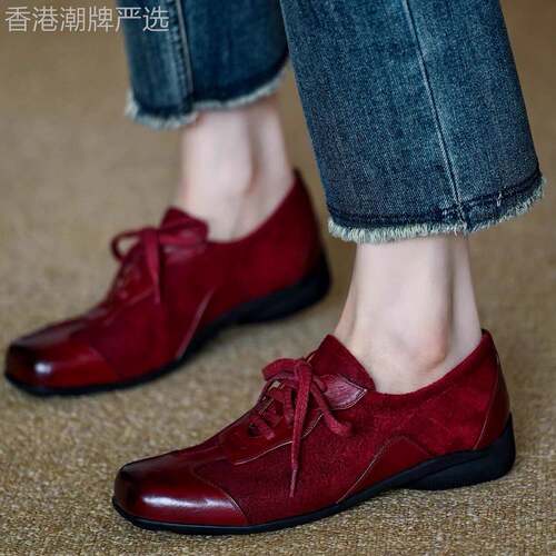 MENEER-M英伦风真皮系带小皮鞋女百搭粗跟深口方头单鞋舒适德比鞋