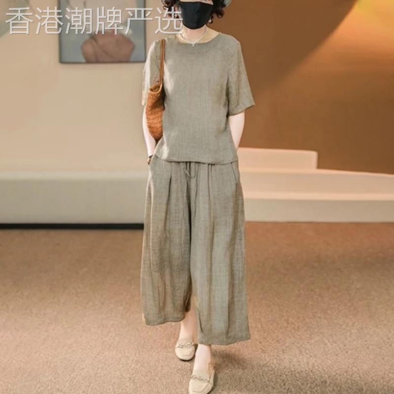 欧洲站苎麻休闲时尚套装女2025夏季新款洋气短袖阔腿裤运动两件套