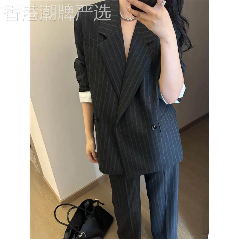 WFYO/高级气质西装套装女秋冬新款休闲设计感条纹西装外套两件套