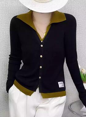 香港TIMO秋季气质修身假两件针织开衫女2025新款撞色翻领上衣外套