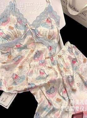 日本GP纯欲风冰丝绸睡衣女夏季甜美性感可爱吊带短裤带胸垫家居服