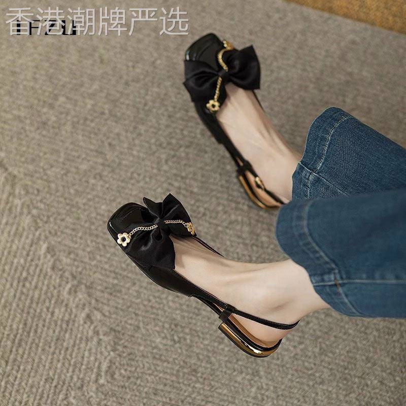 真皮包头凉鞋女夏季2026年新款仙女风复古蝴蝶结低跟后空平底单鞋