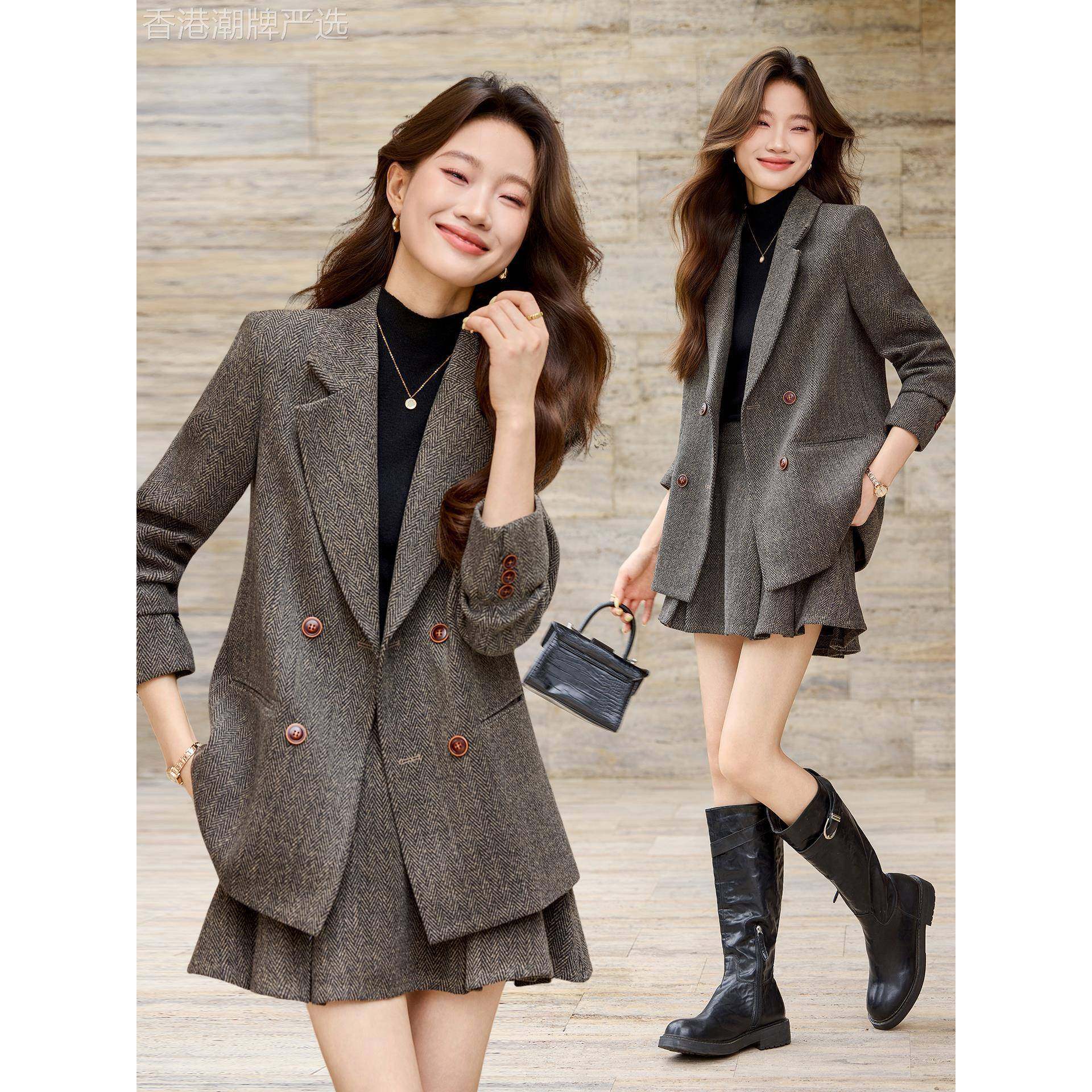 高档轻奢羊毛呢西装外套女秋冬新款时尚减龄小个子百褶裙西服套装