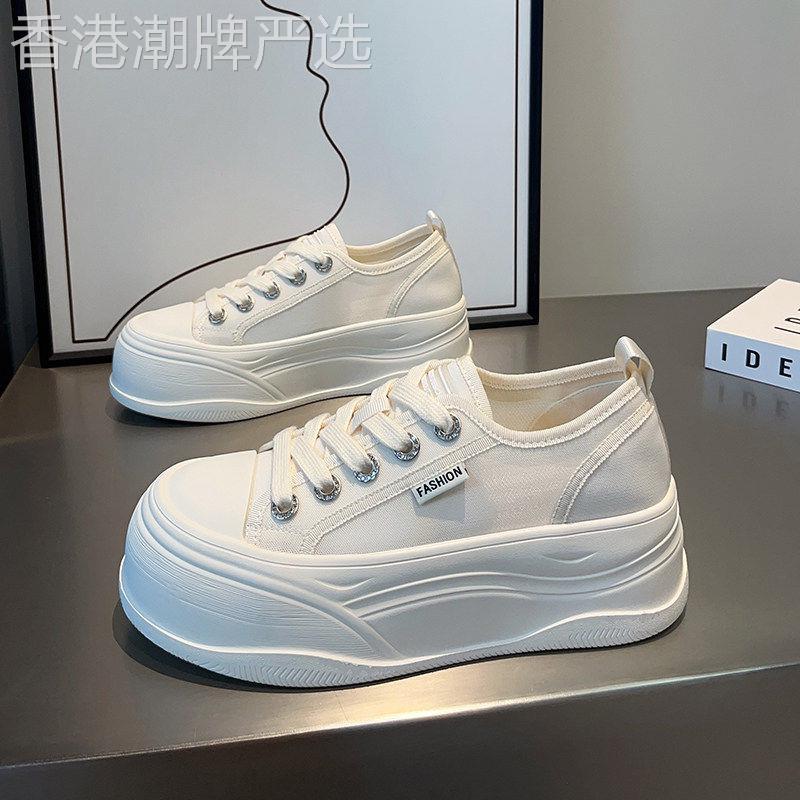 香港网面透气小白鞋女款2026夏季新款厚底增高帆布鞋薄款网纱板鞋