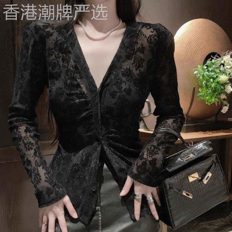 黑色烫金植绒衬衫女春秋新款欧货辣妹性感v领上衣网纱蕾丝打底衫