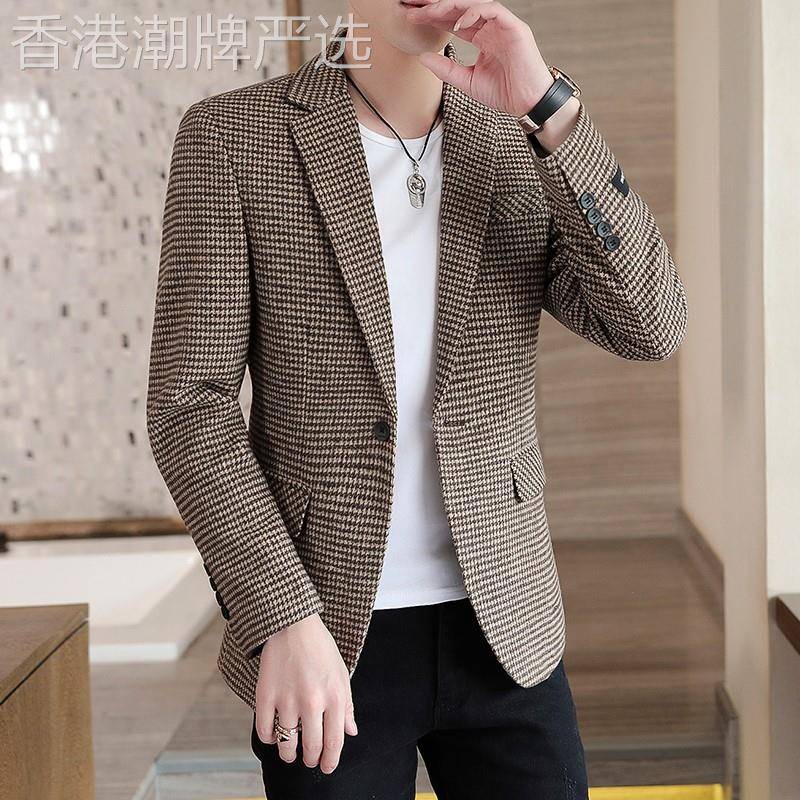 潮牌男士千鸟格子西装春秋季韩版简约时尚修身小西服休闲单西外套