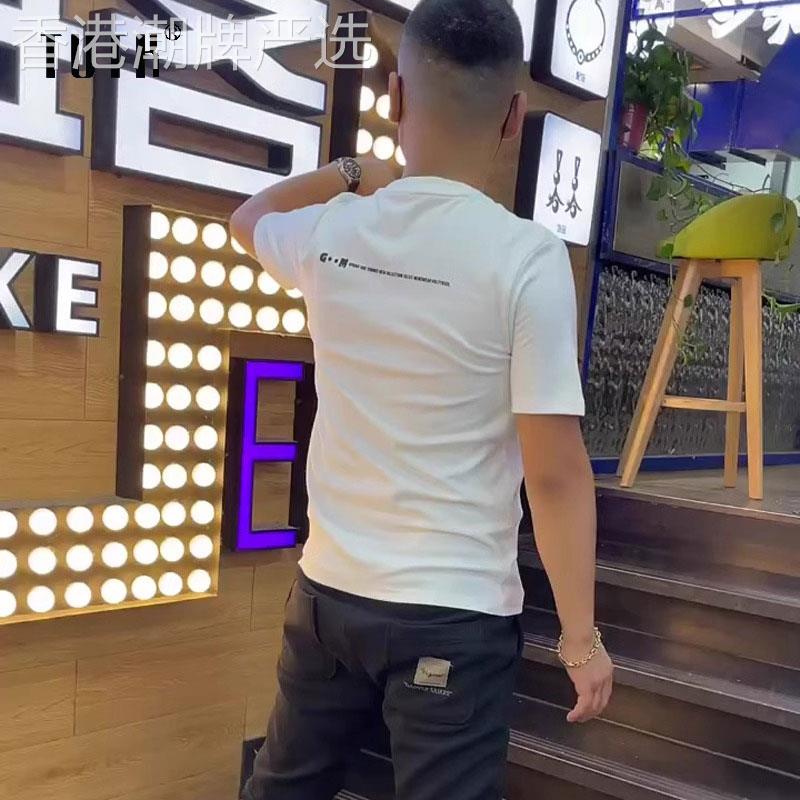短袖t恤男士夏季潮牌修身印花五分袖T恤潮流百搭圆领休闲上衣服