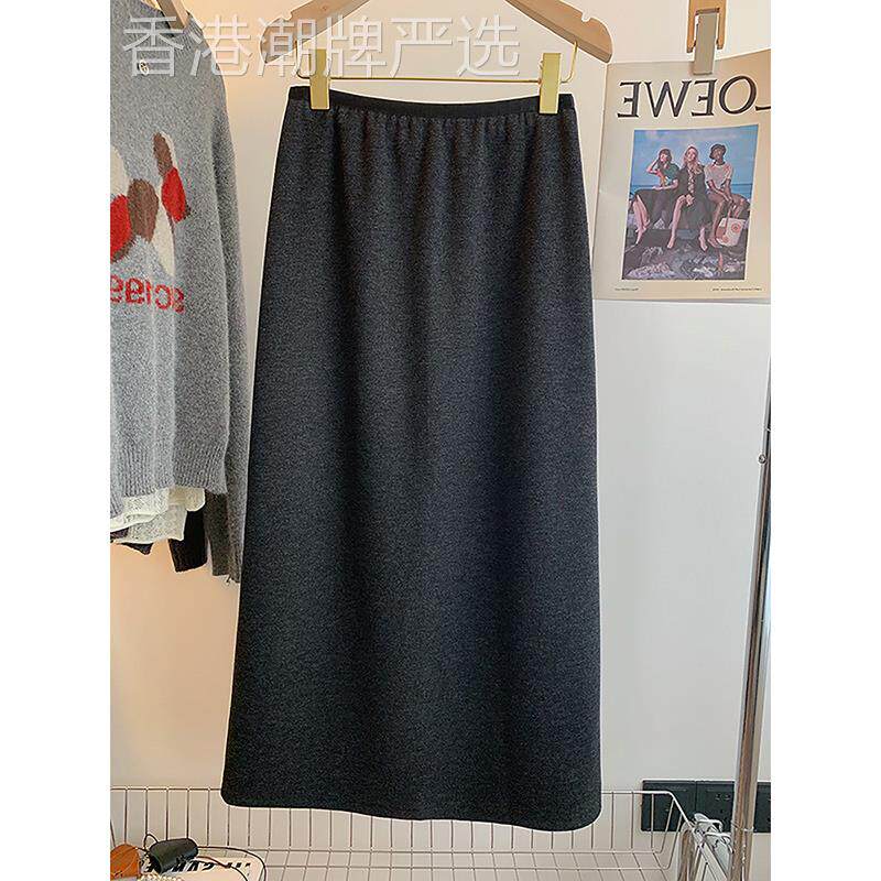 深灰色毛呢半身裙女秋冬穿搭大码高腰遮胯显瘦后开叉中长款a字裙