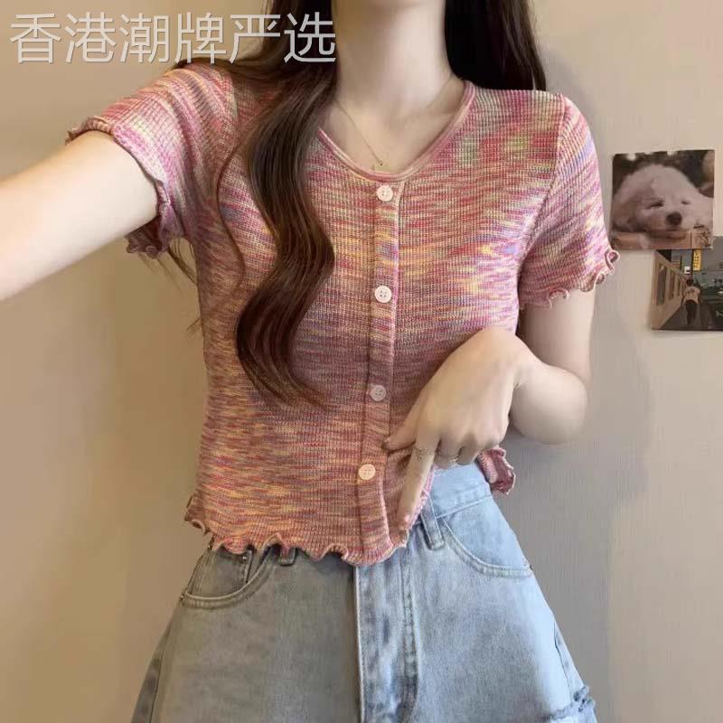 彩虹条纹冰丝V领针织短袖T恤女夏短款高腰木耳边法式覆古半袖上衣