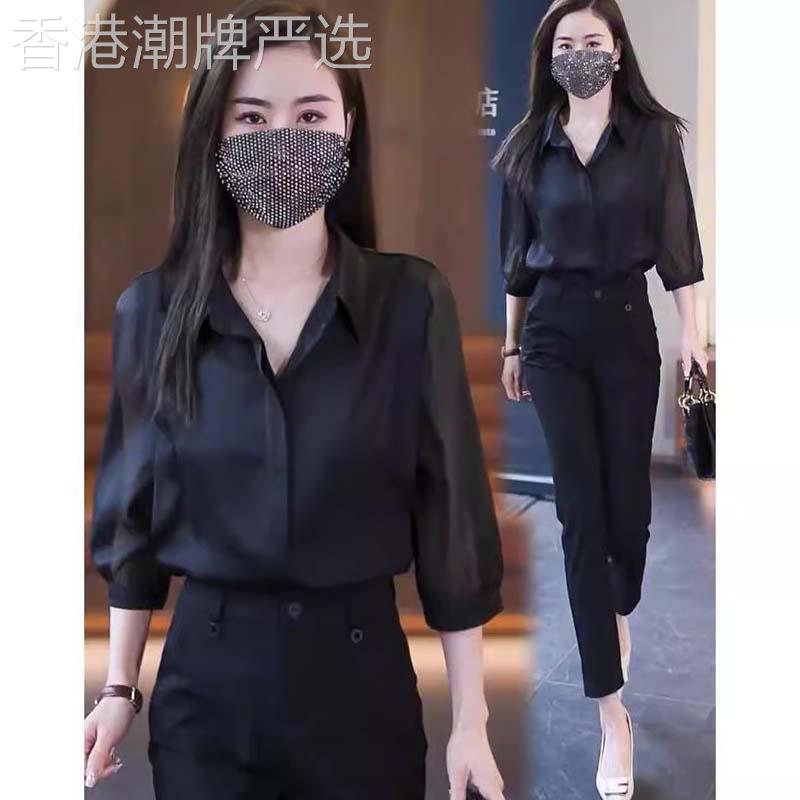 七分泡泡袖职业衬衫女春夏季欧货薄款雪纺衬衫九分开叉小脚西装裤