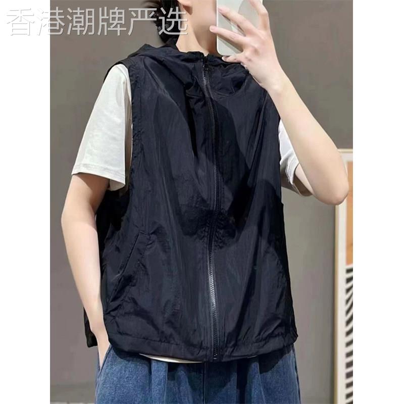 黑色时尚连帽拉炼马夹女夏季欧货无袖防晒马甲外套大尺码宽松款背