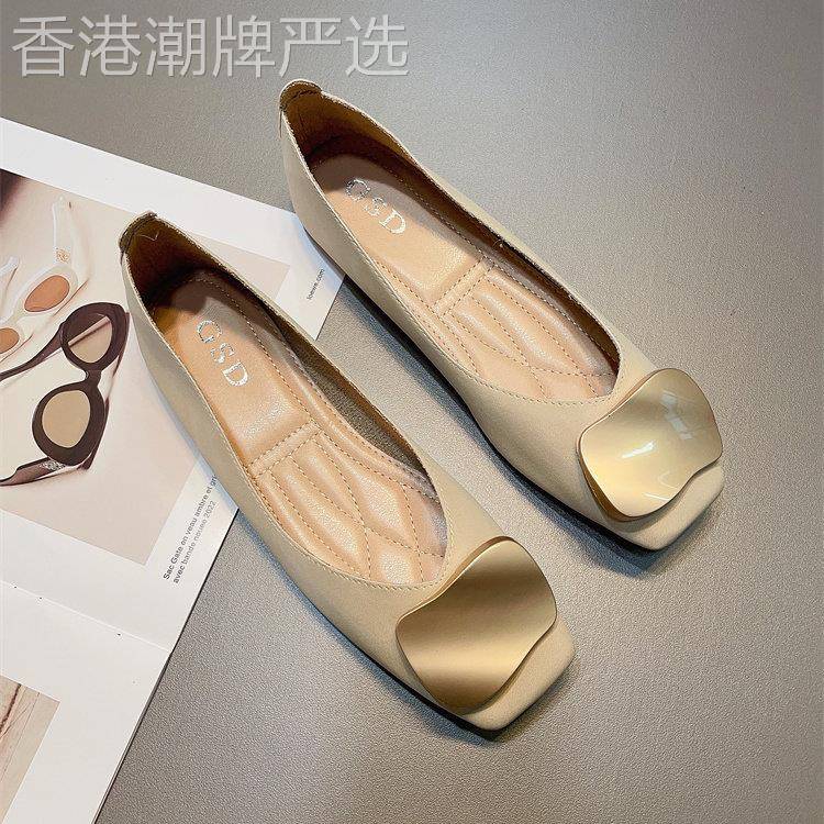 真皮复古方头平底单鞋女2025春秋新款配裙瓢鞋法式软底豆豆奶奶鞋