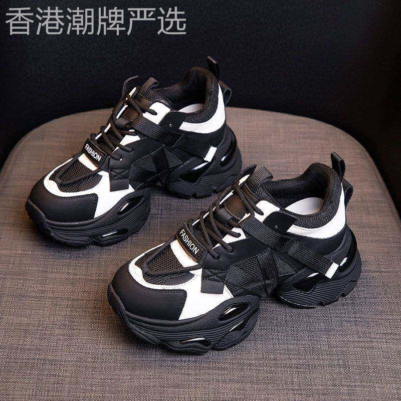 香港真皮厚底老爹鞋2025秋冬款运动休闲鞋小个子百搭增高加绒女鞋