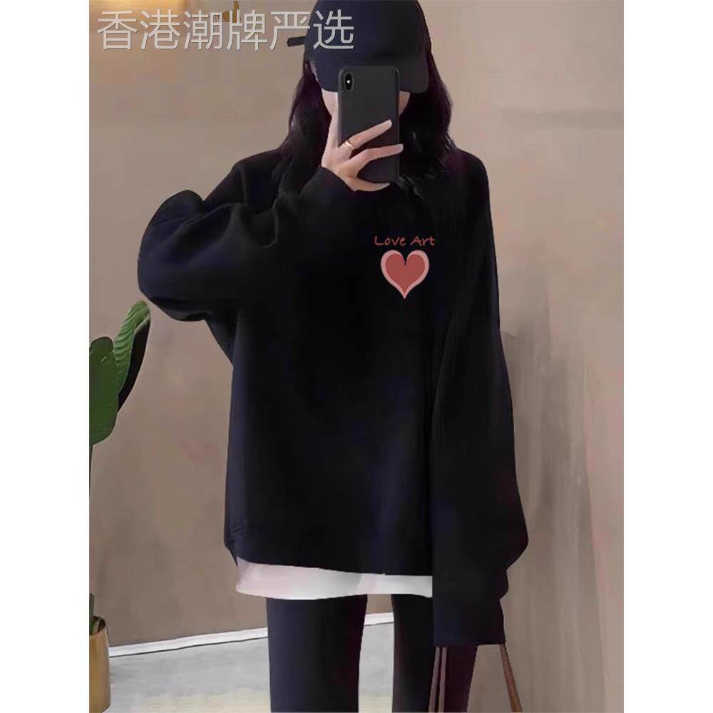 欧洲站假两件圆领卫衣女2025新款爆款春秋冬季加绒大码中长款上衣