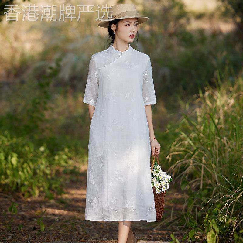 高端新中式改良旗袍苎麻连衣裙女2026新款春夏装国风棉麻绣花裙子